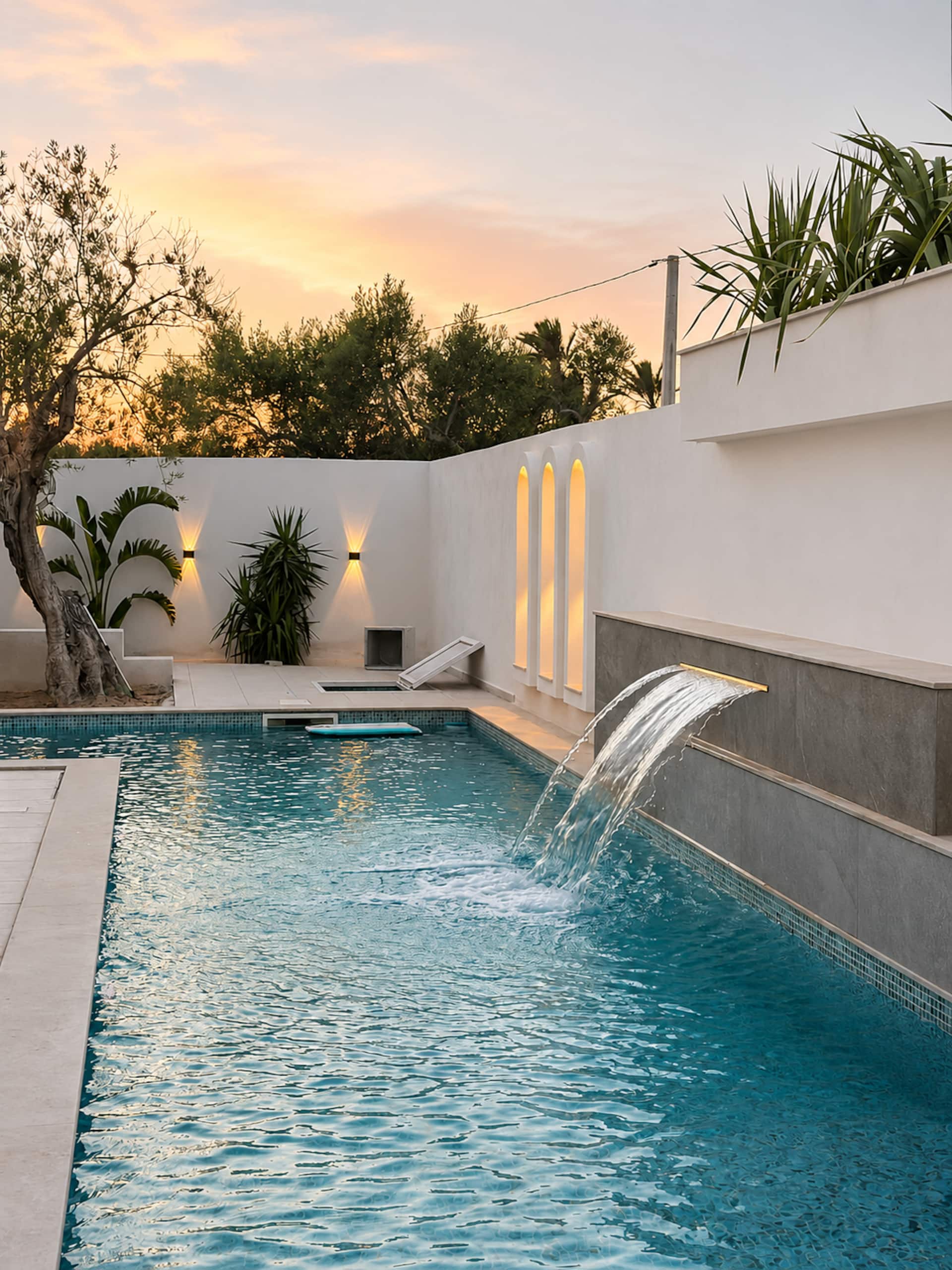 Piscina privata con cascata e nicchie ad arco illuminate al crepuscolo