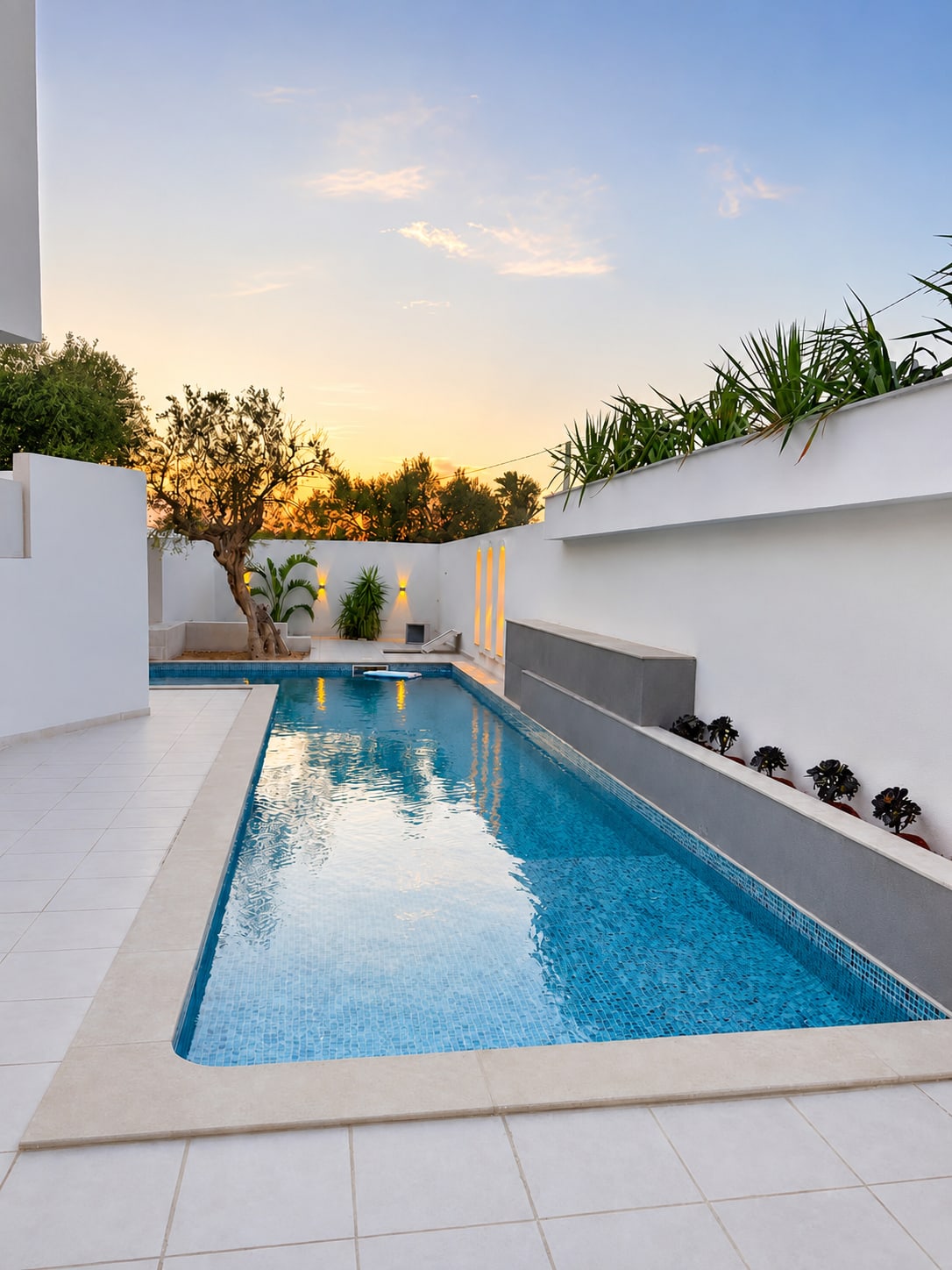 Langer privater Pool bei Sonnenuntergang, Olivenbaum und orangefarbener Himmel — Villa des Oliviers, Mezraya, Djerba